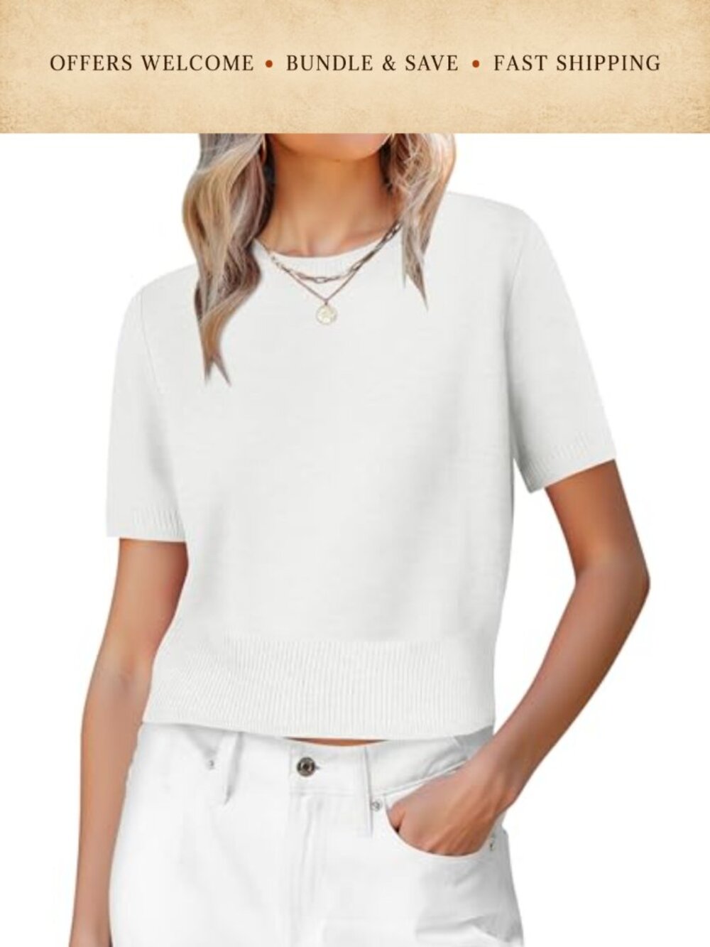 Short Sleeve Ribbed Knit Cropped Sweater Crew Neck Pullover